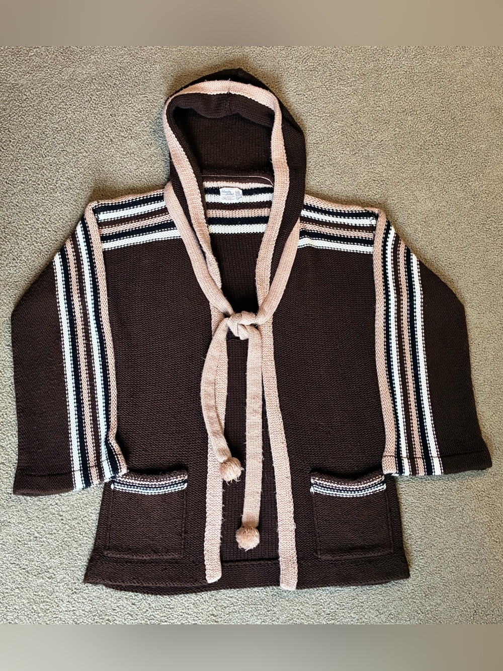 Women's 60s/70s Hooded Striped Cardigan Knit V-Neck Sweater Pockets Beige Brown
